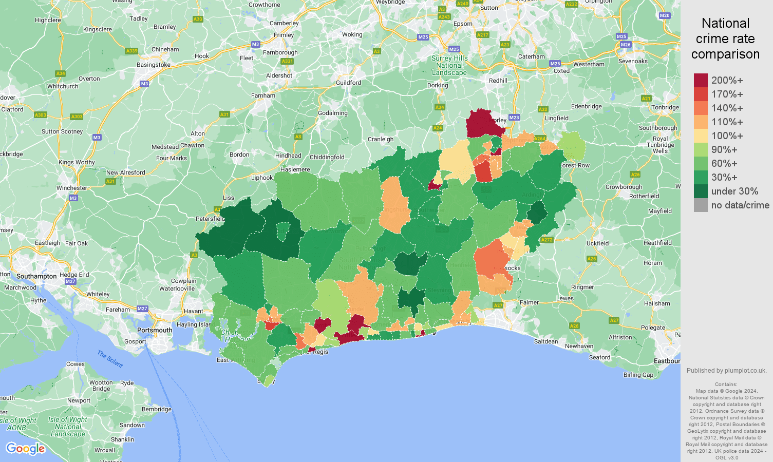West Sussex public order crime rate comparison map