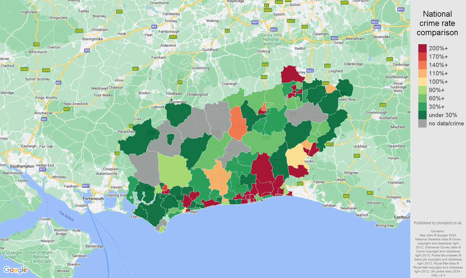 West Sussex shoplifting crime rate comparison map