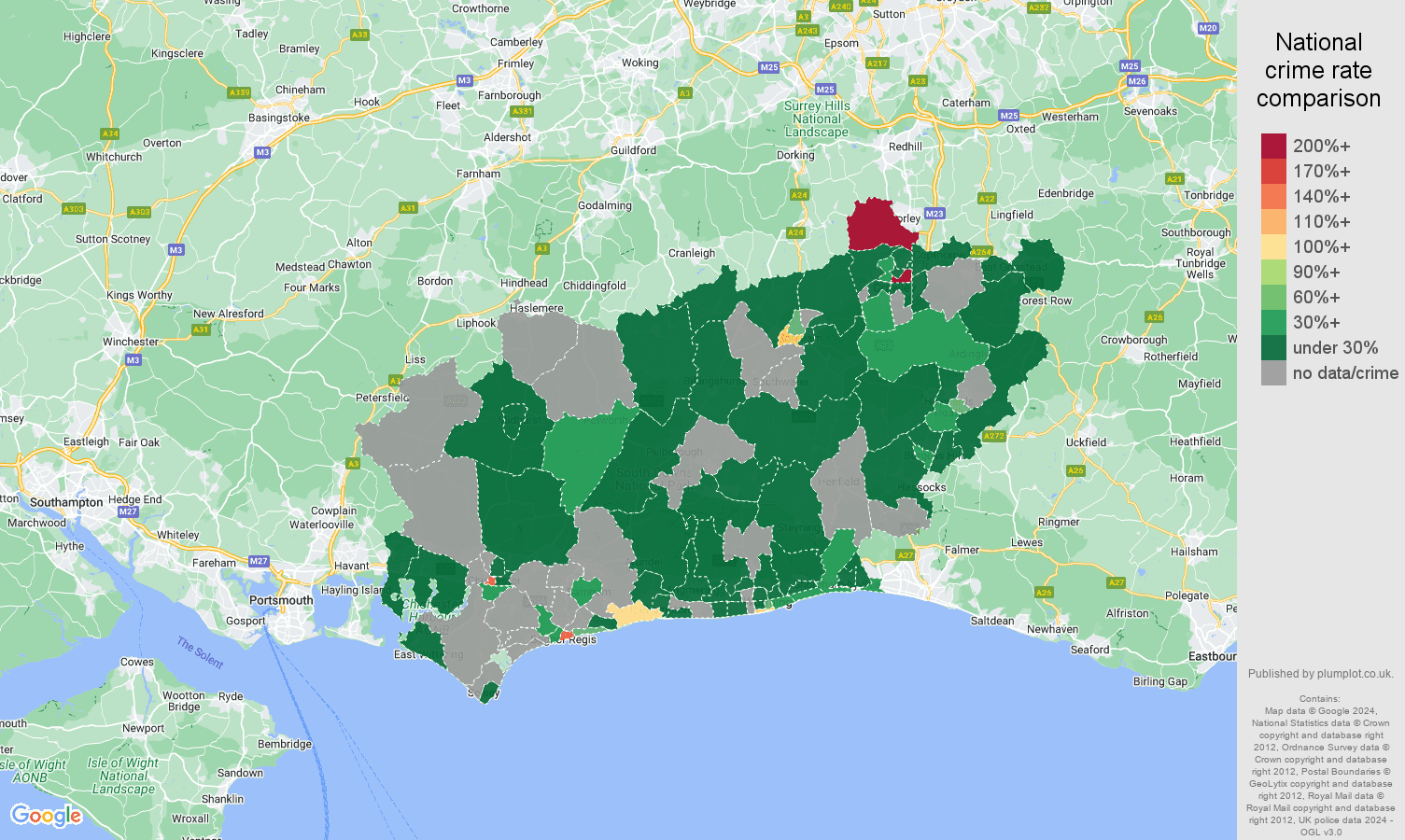 West Sussex theft from the person crime rate comparison map