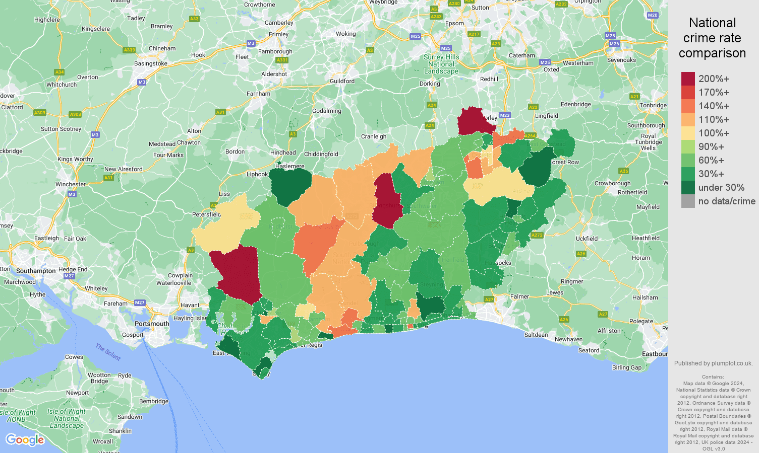 West Sussex vehicle crime rate comparison map