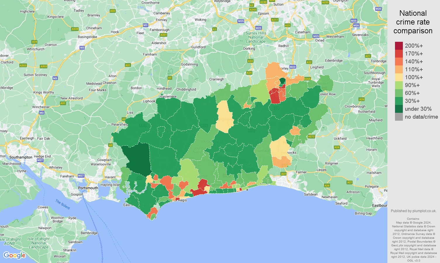 West Sussex violent crime rate comparison map
