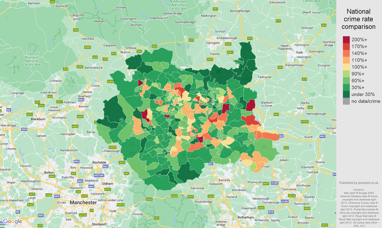 West Yorkshire antisocial behaviour crime rate comparison map