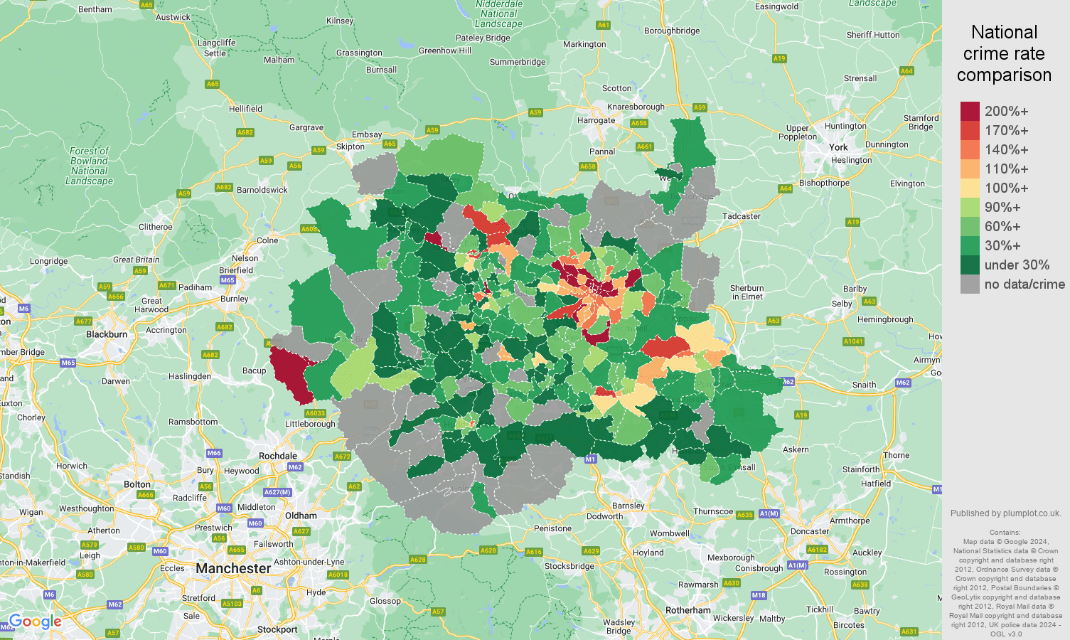 West Yorkshire bicycle theft crime rate comparison map