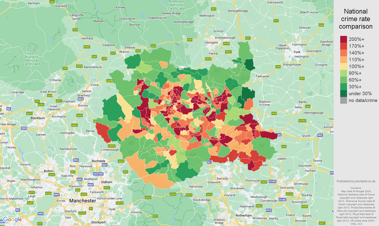 West Yorkshire criminal damage and arson crime rate comparison map