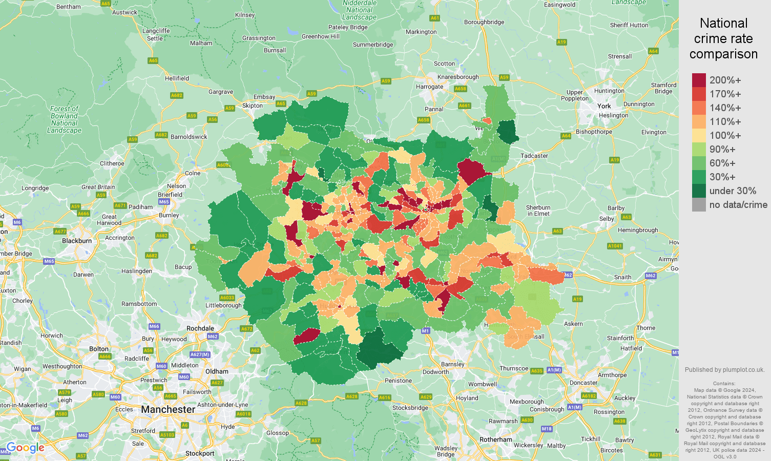 West Yorkshire other theft crime rate comparison map