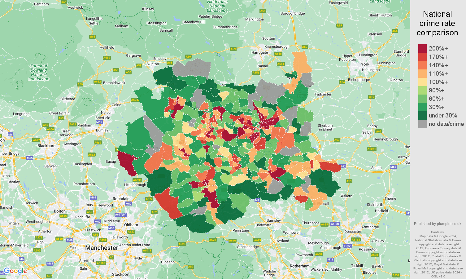 West Yorkshire possession of weapons crime rate comparison map