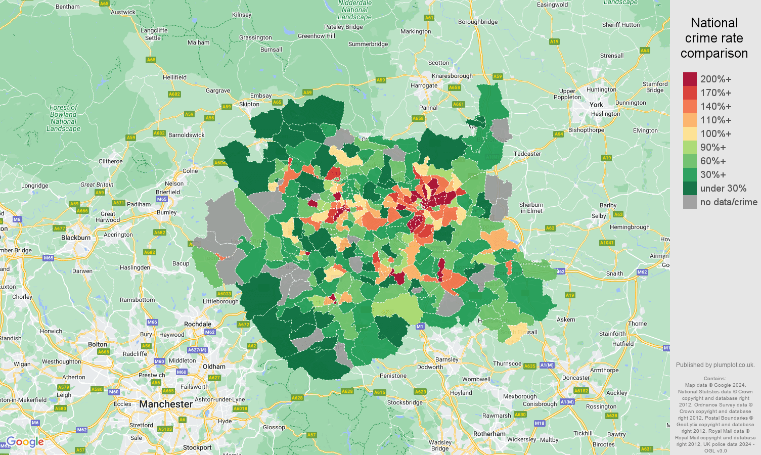 West Yorkshire robbery crime rate comparison map
