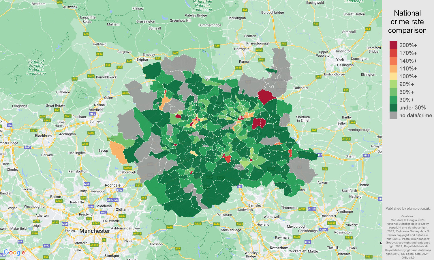 West Yorkshire theft from the person crime rate comparison map