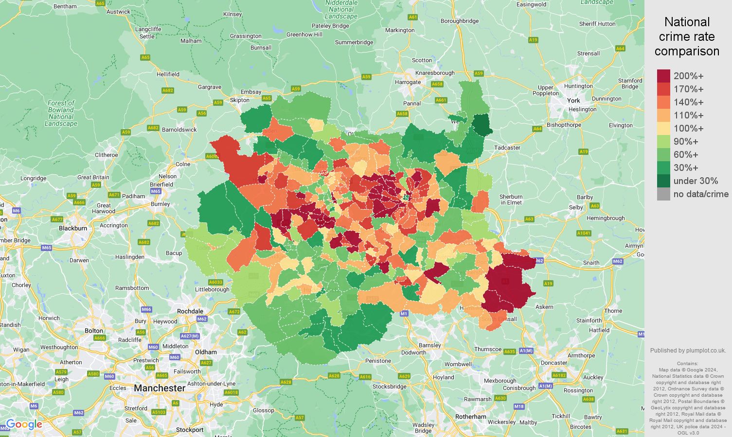 West Yorkshire vehicle crime rate comparison map