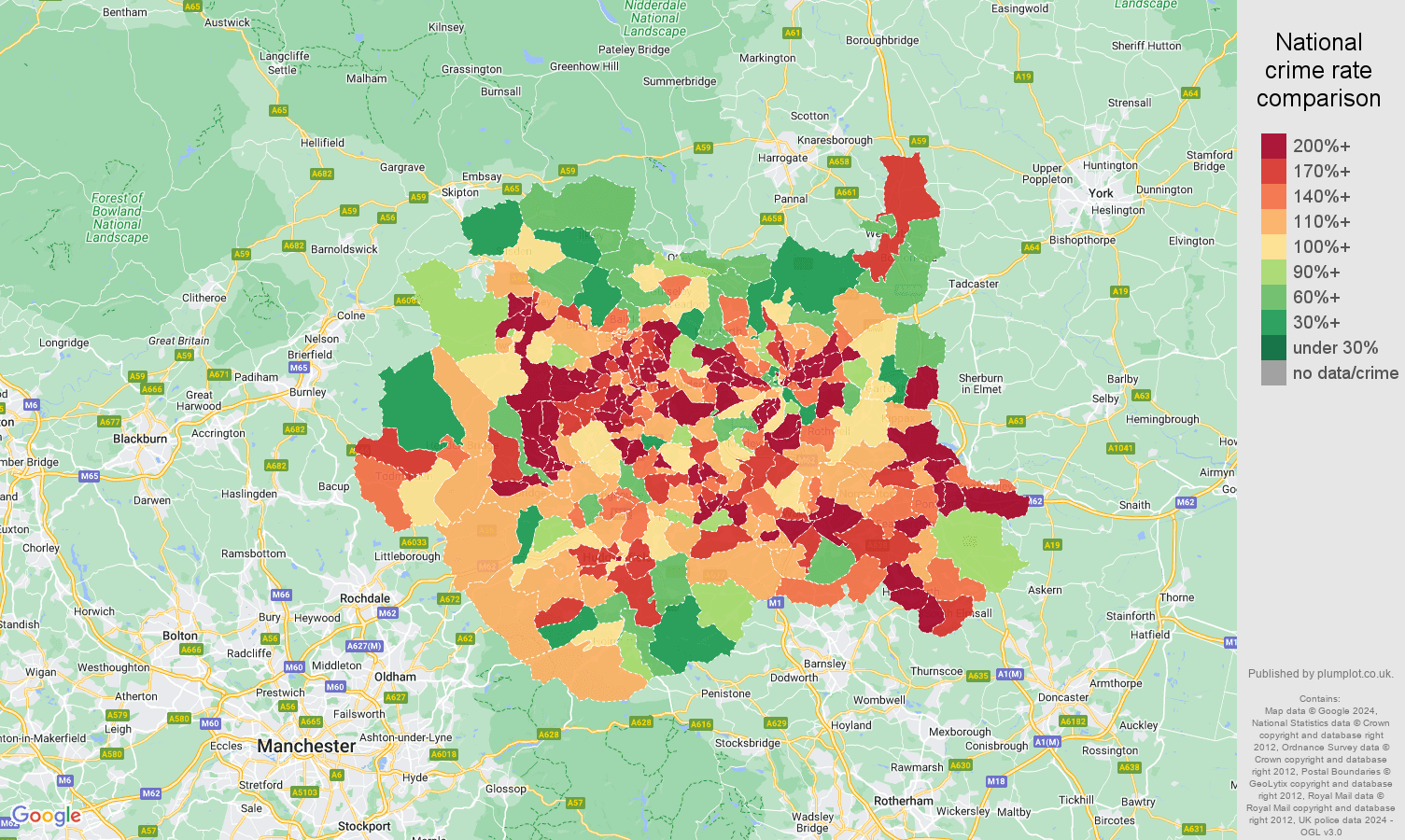 West Yorkshire violent crime rate comparison map