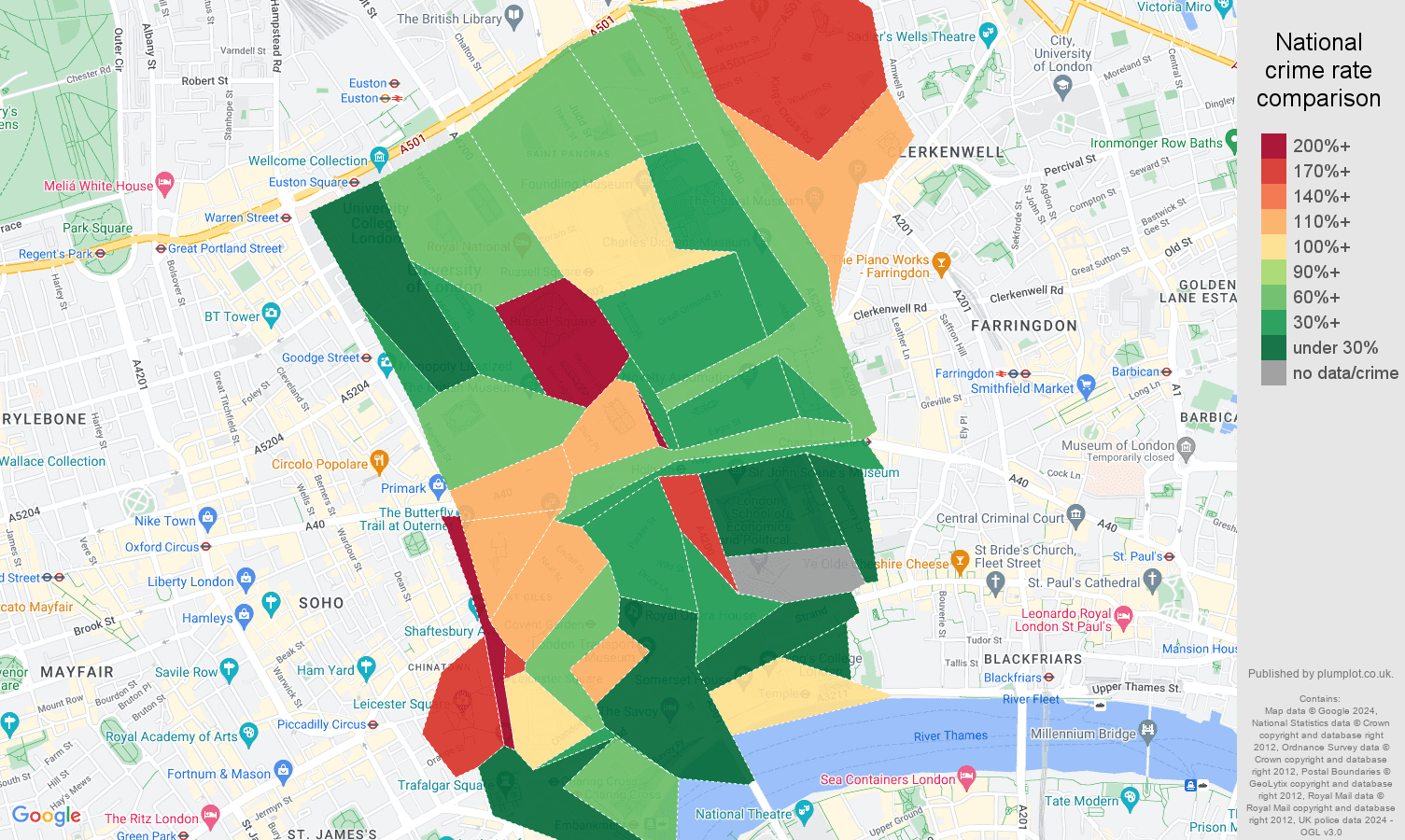 Western Central London burglary crime rate comparison map