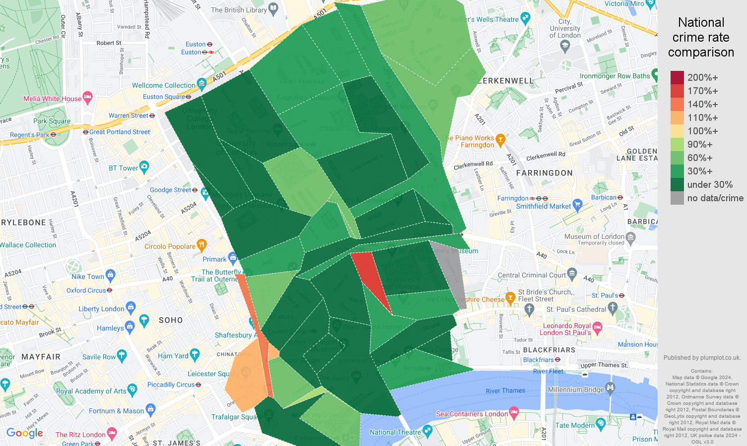 Western Central London criminal damage and arson crime rate comparison map