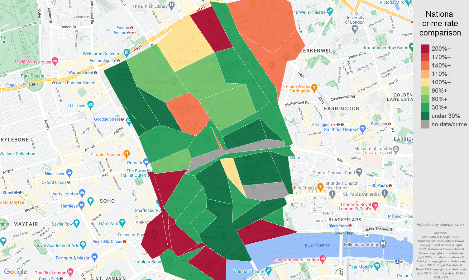 Western Central London drugs crime rate comparison map