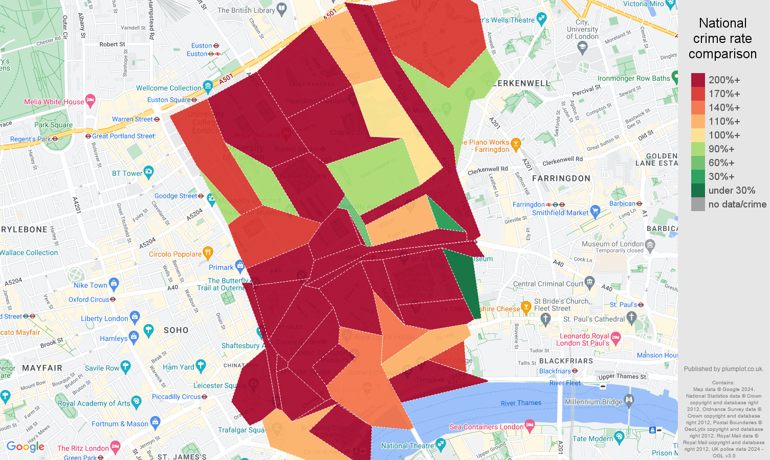Western Central London other theft crime rate comparison map