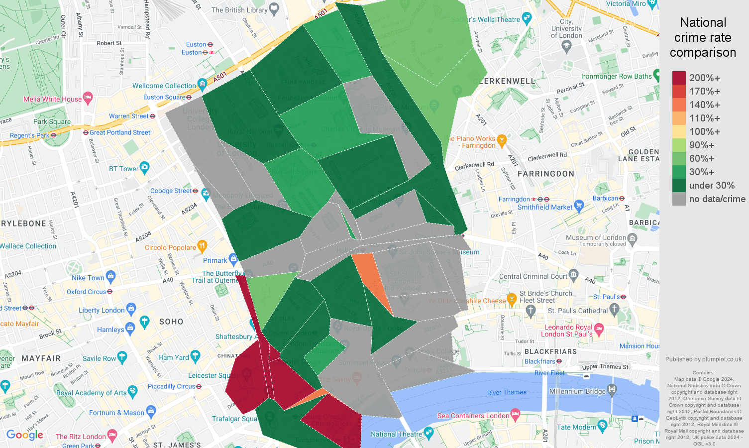 Western Central London possession of weapons crime rate comparison map