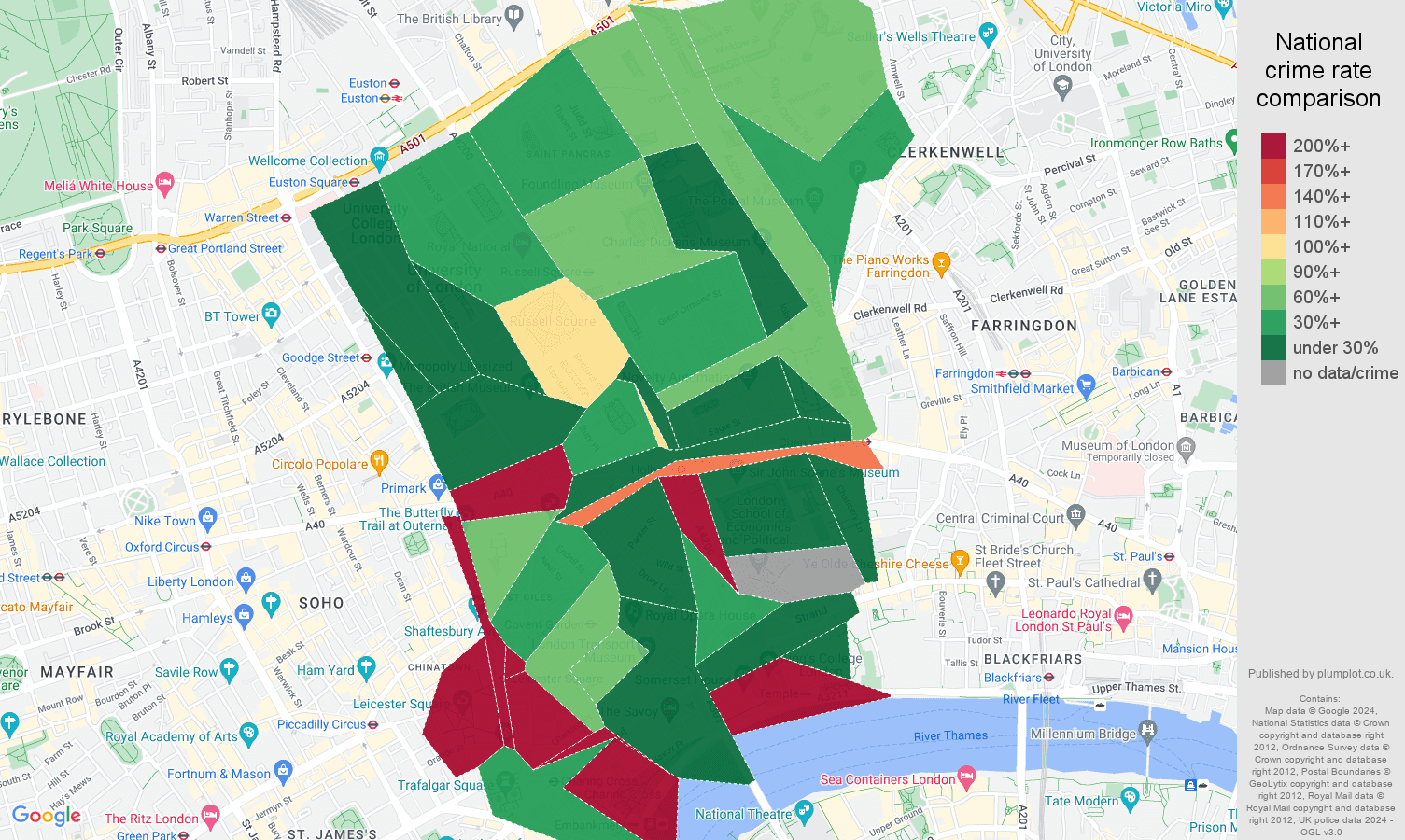Western Central London public order crime rate comparison map