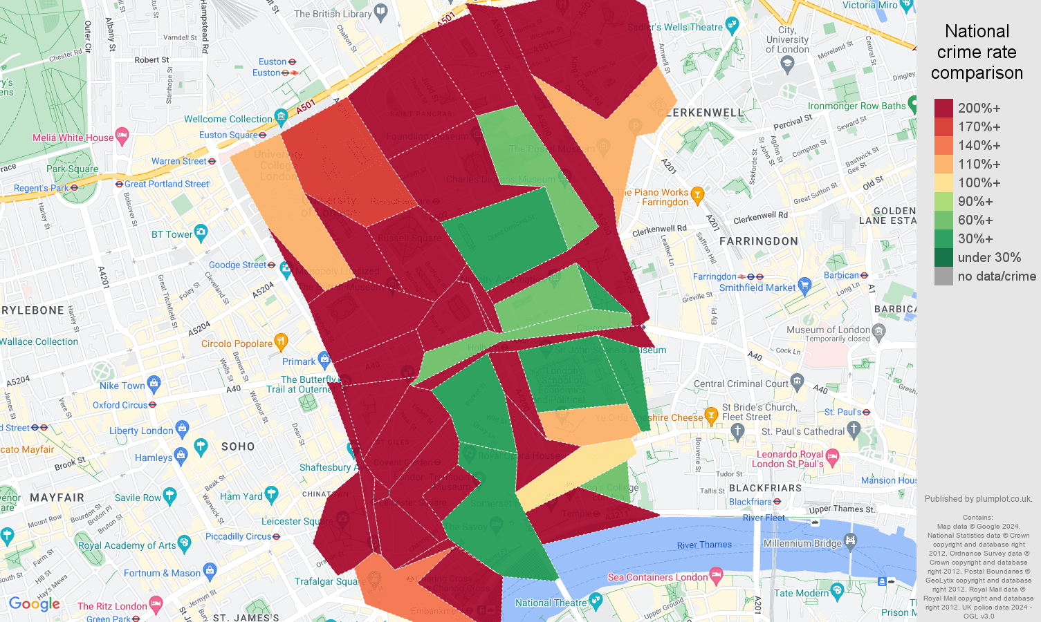 Western Central London robbery crime rate comparison map