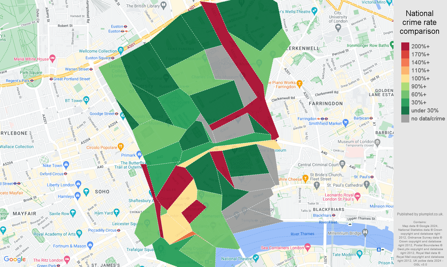 Western Central London shoplifting crime rate comparison map