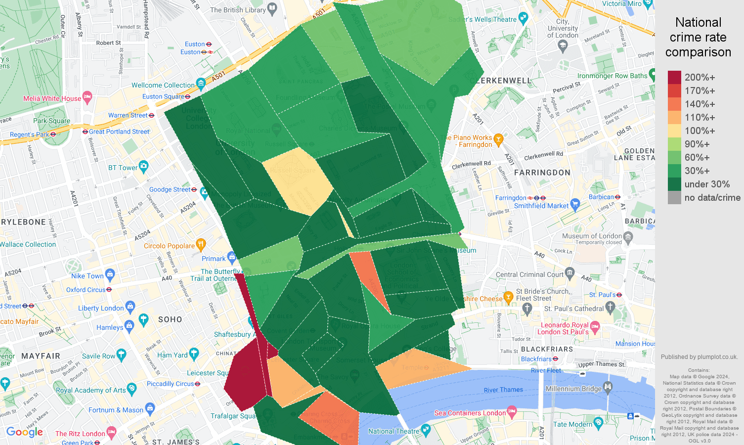 Western Central London violent crime rate comparison map
