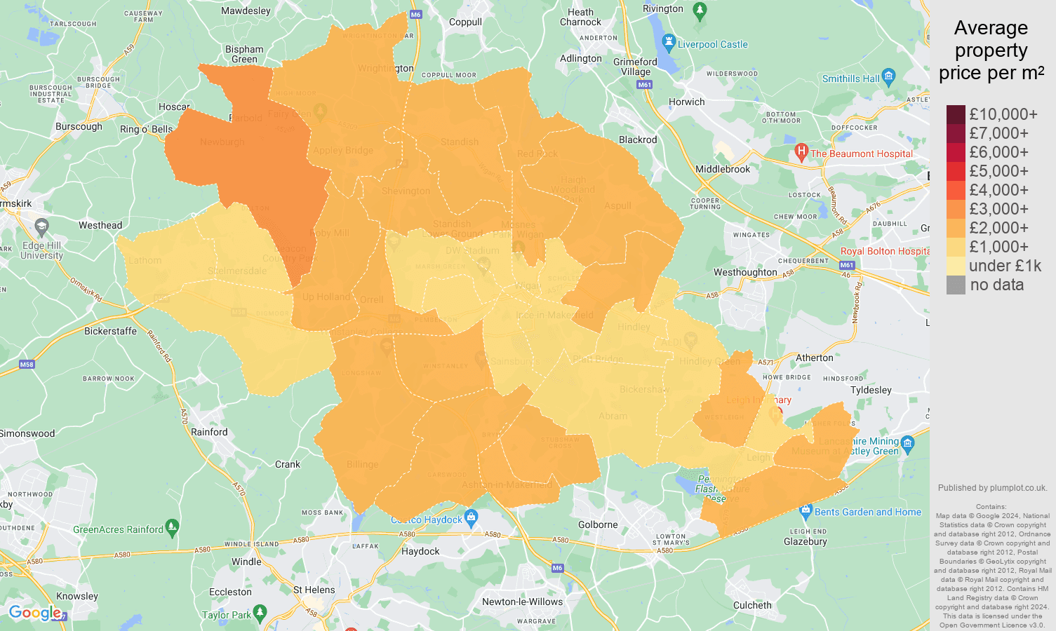 Wigan house prices per square metre in maps and graphs.