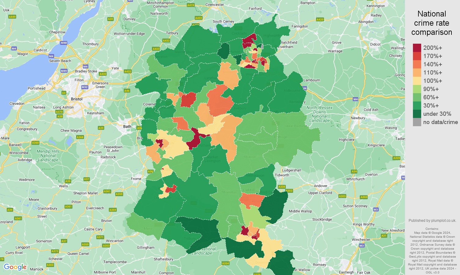Wiltshire antisocial behaviour crime rate comparison map