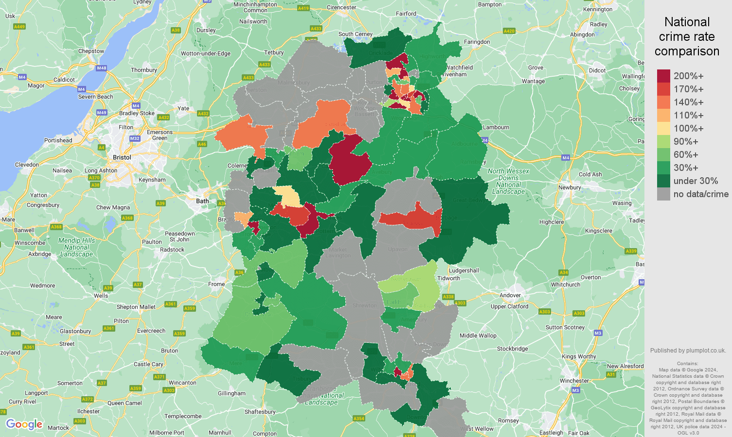 Wiltshire bicycle theft crime rate comparison map