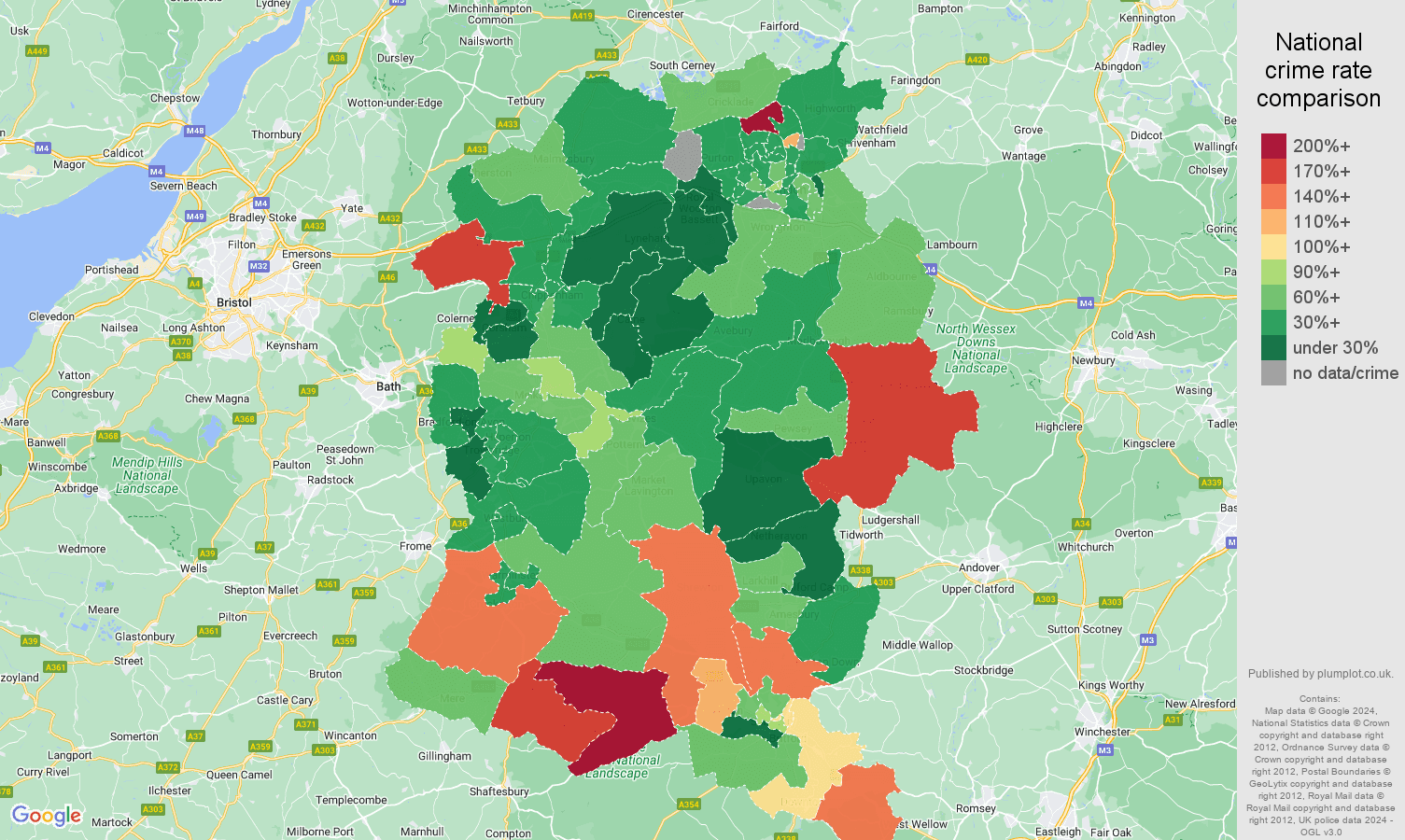 Wiltshire burglary crime rate comparison map