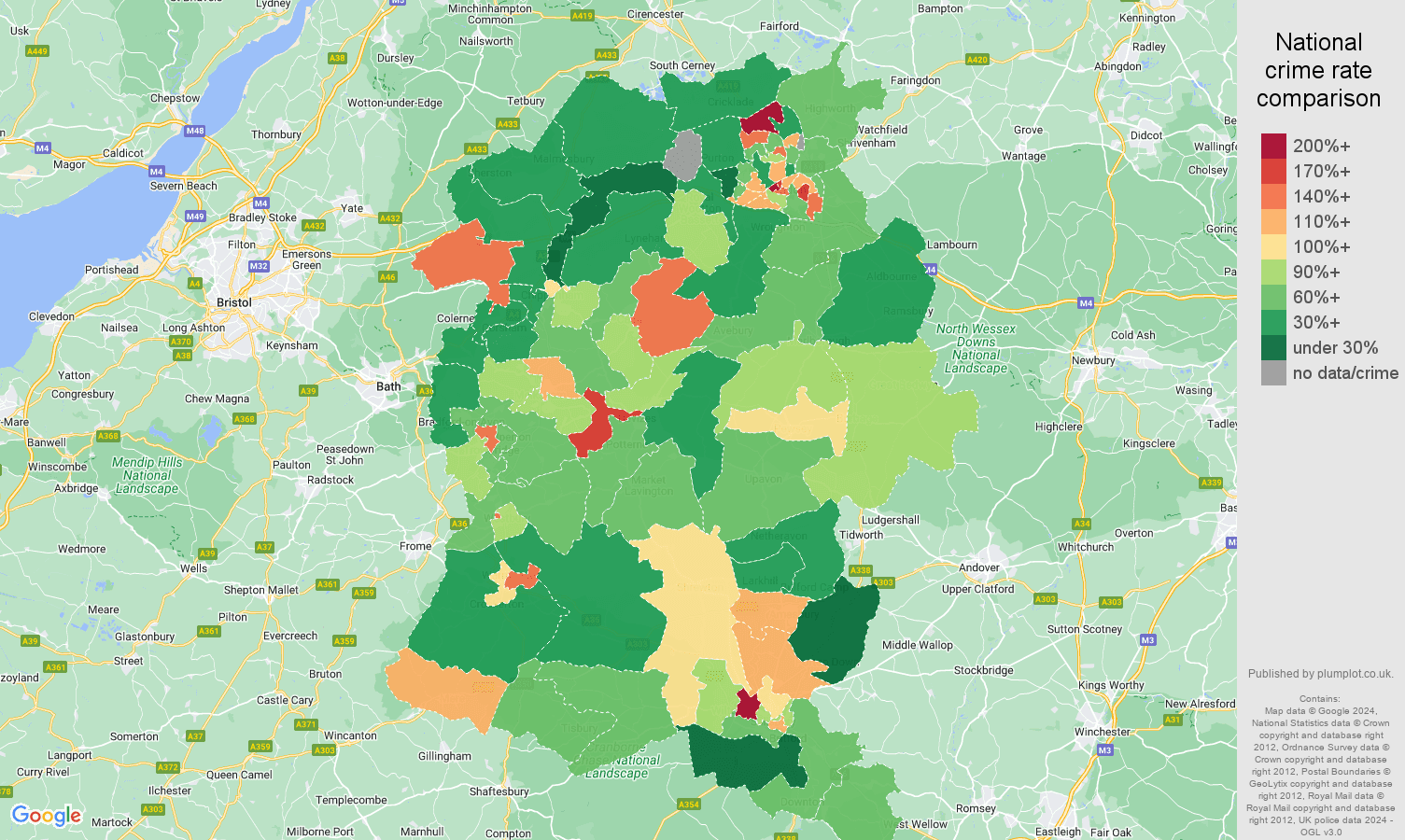 Wiltshire criminal damage and arson crime rate comparison map