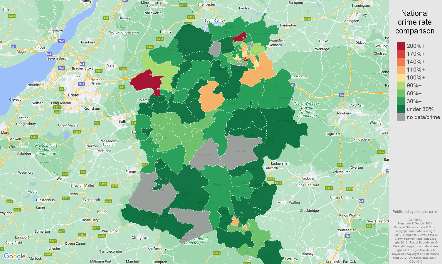 Wiltshire drugs crime rate comparison map