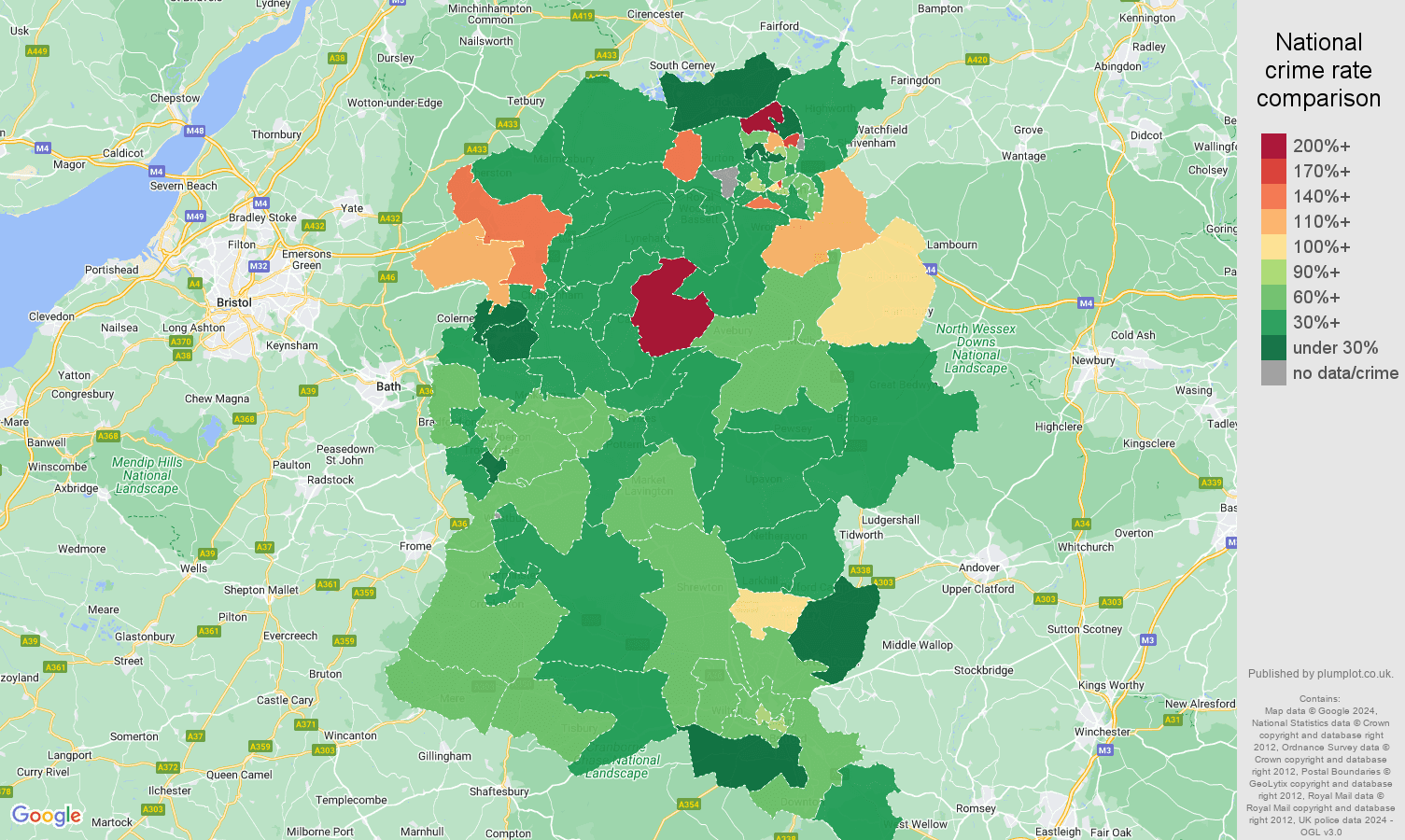 Wiltshire other theft crime rate comparison map