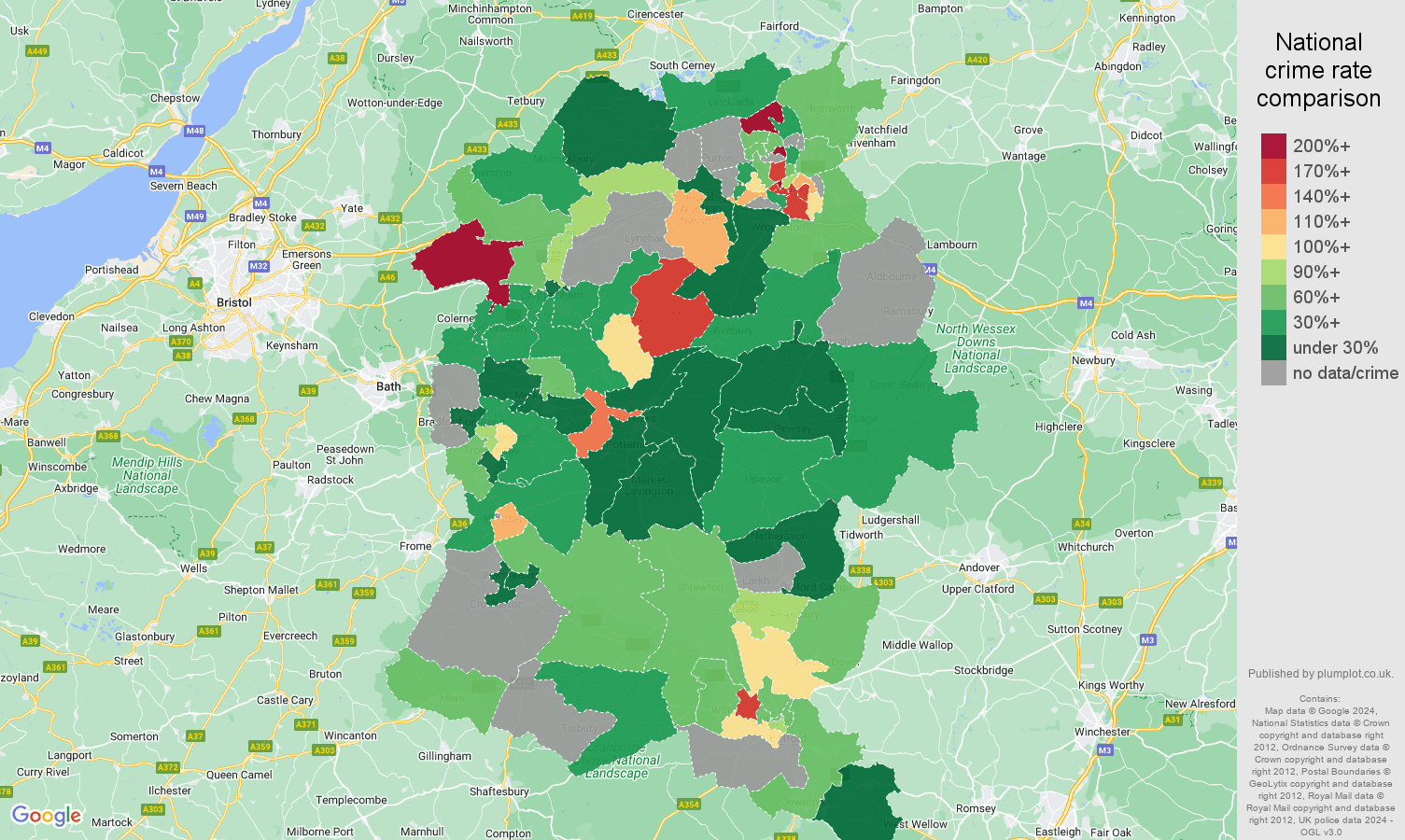 Wiltshire possession of weapons crime rate comparison map