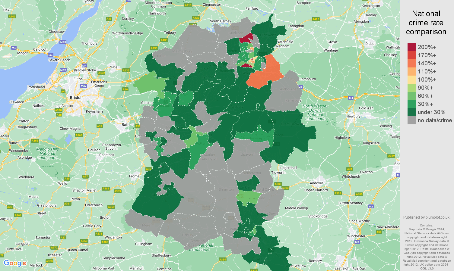 Wiltshire robbery crime rate comparison map