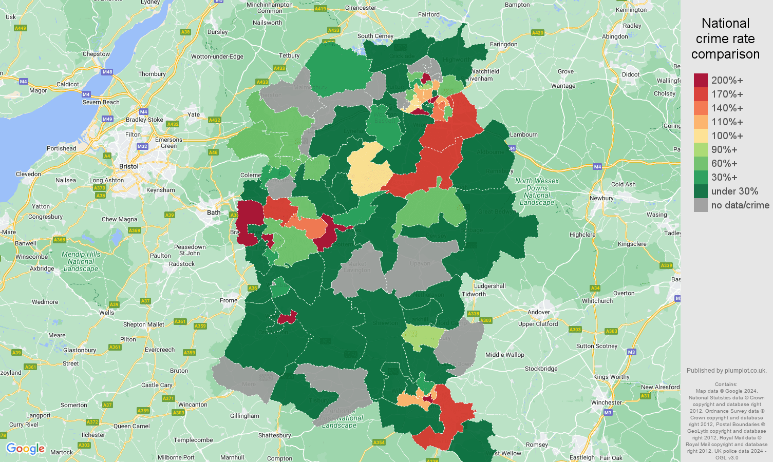 Wiltshire shoplifting crime rate comparison map