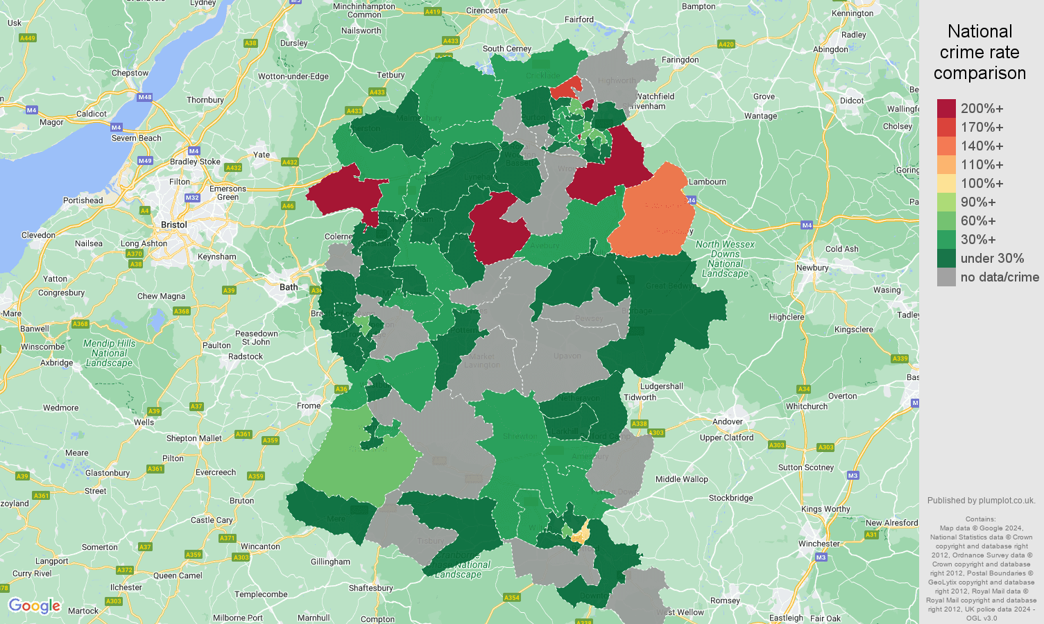 Wiltshire theft from the person crime rate comparison map