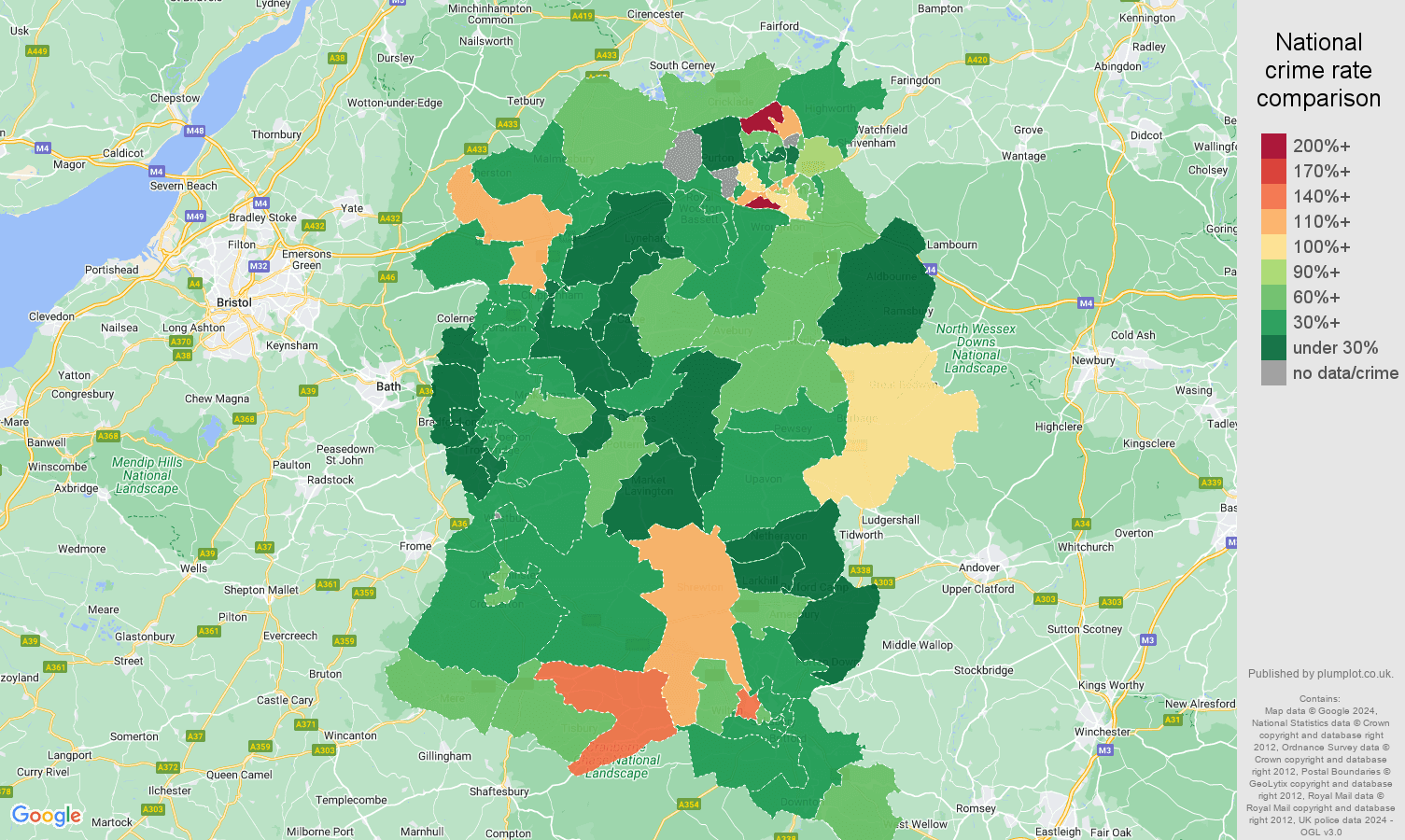Wiltshire vehicle crime rate comparison map