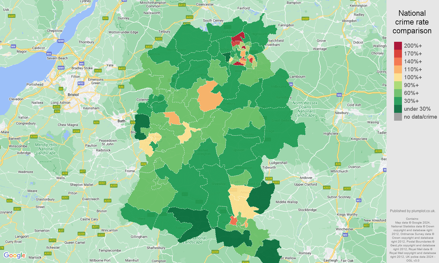Wiltshire violent crime rate comparison map