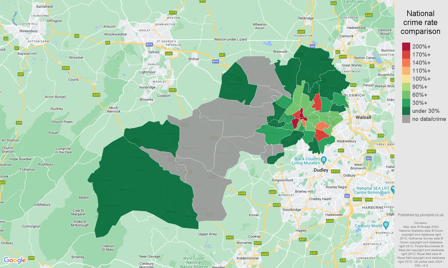 Wolverhampton bicycle theft crime rate comparison map