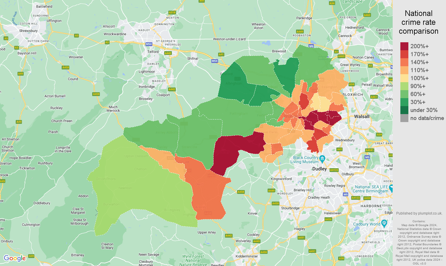 Wolverhampton burglary crime rate comparison map