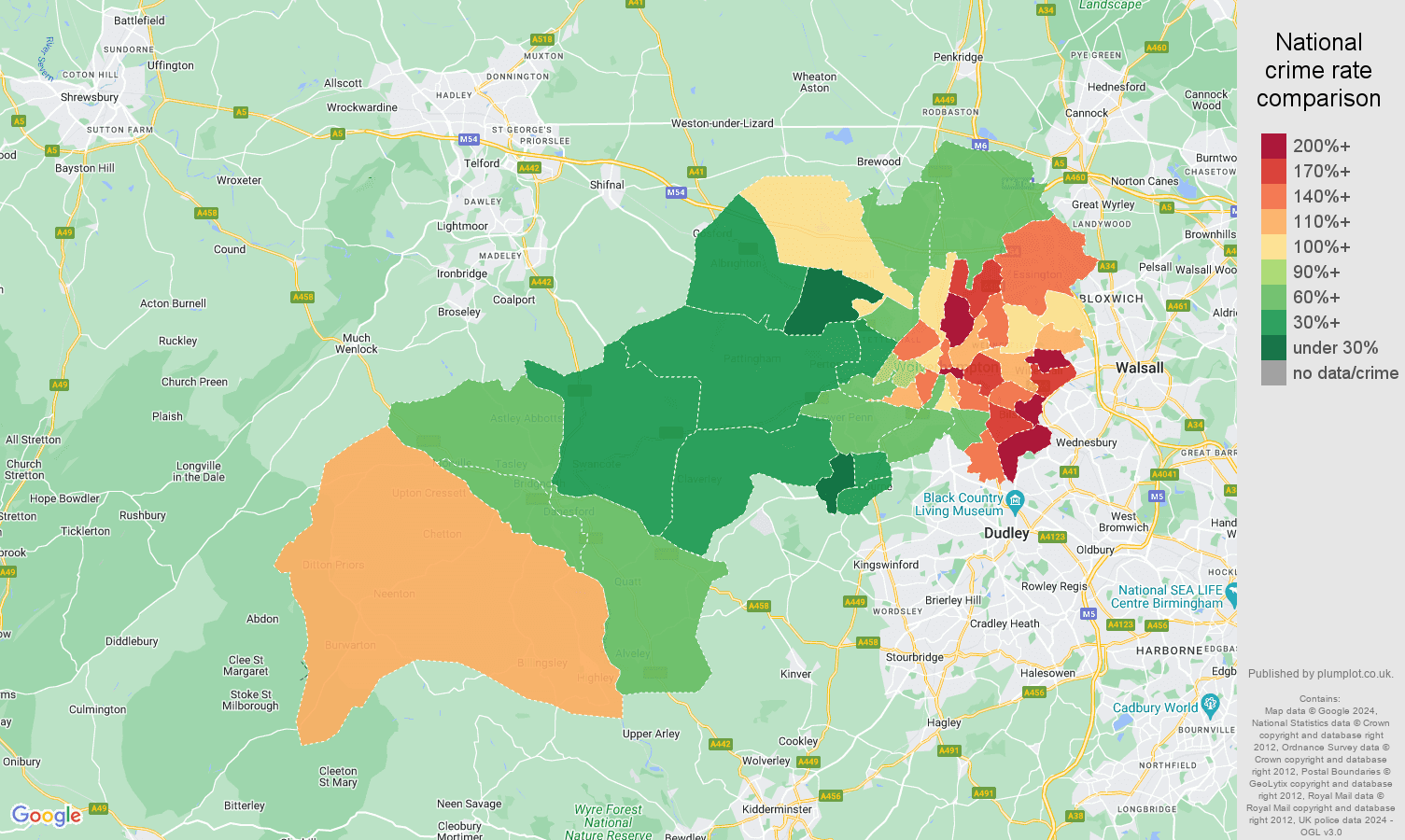Wolverhampton criminal damage and arson crime rate comparison map