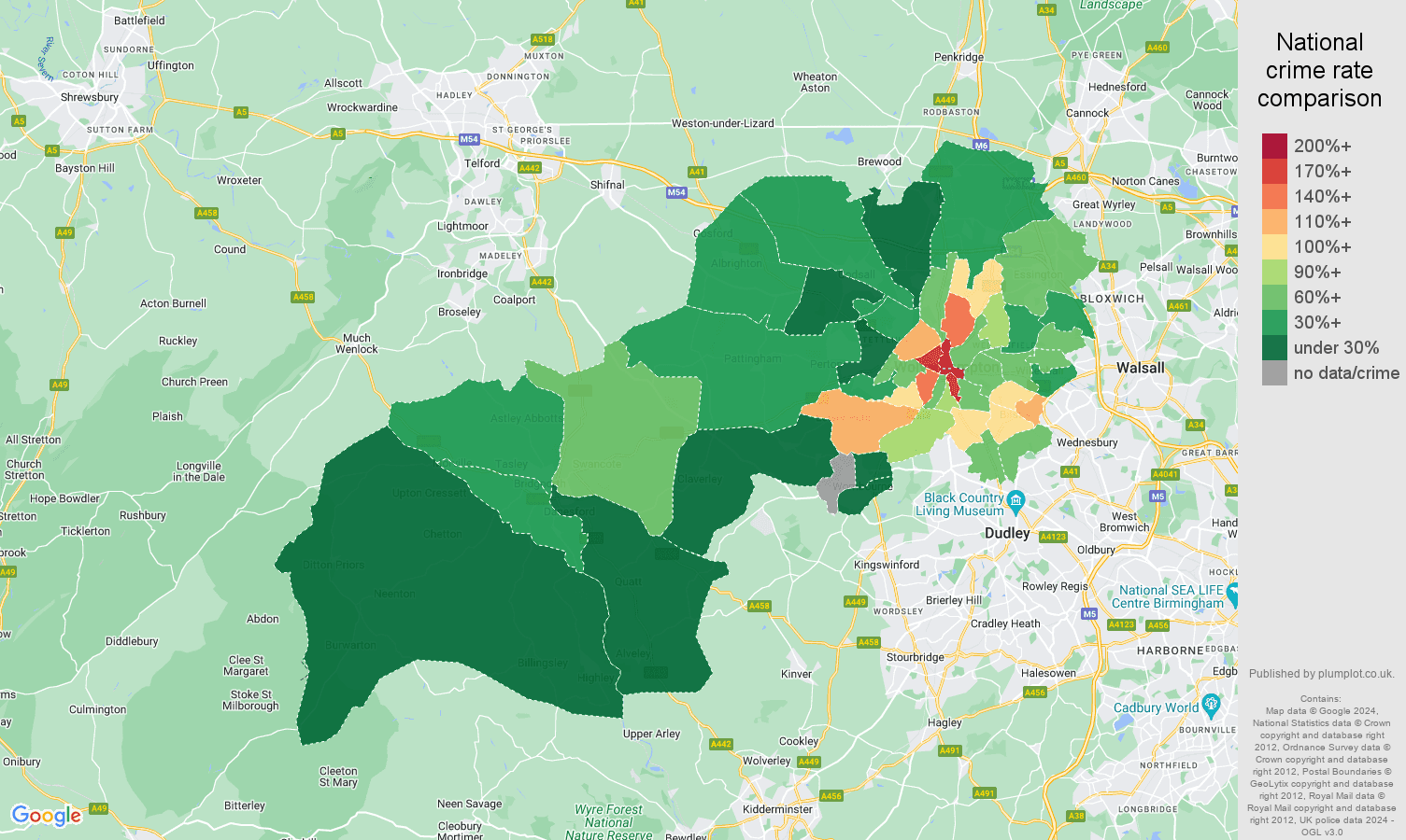 Wolverhampton drugs crime rate comparison map