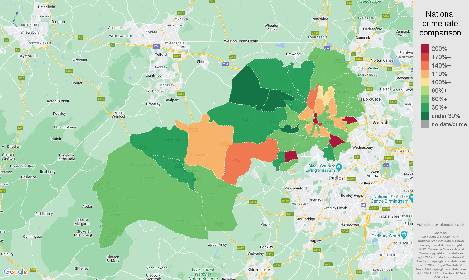 Wolverhampton other theft crime rate comparison map