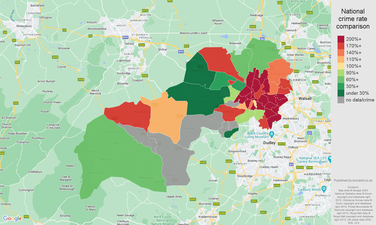Wolverhampton possession of weapons crime rate comparison map