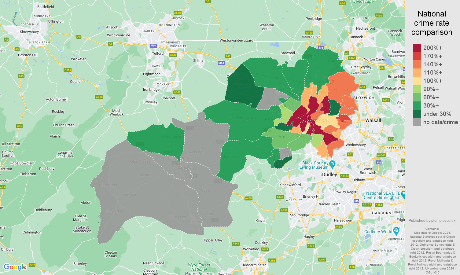 Wolverhampton robbery crime rate comparison map