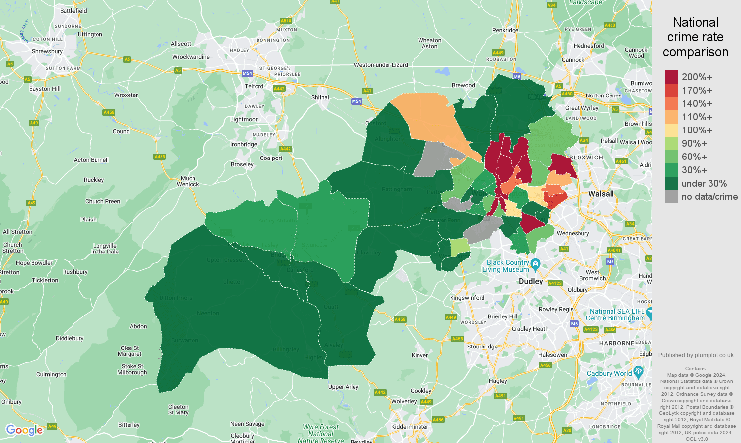 Wolverhampton shoplifting crime rate comparison map
