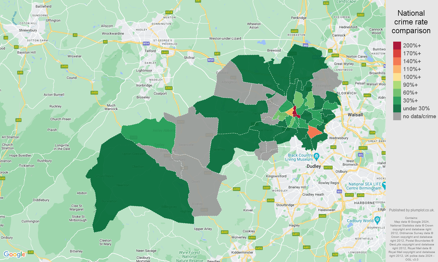 Wolverhampton theft from the person crime rate comparison map