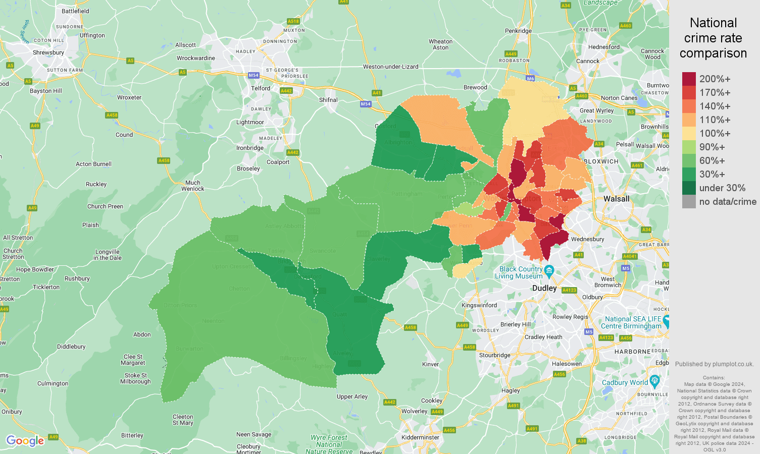 Wolverhampton violent crime rate comparison map