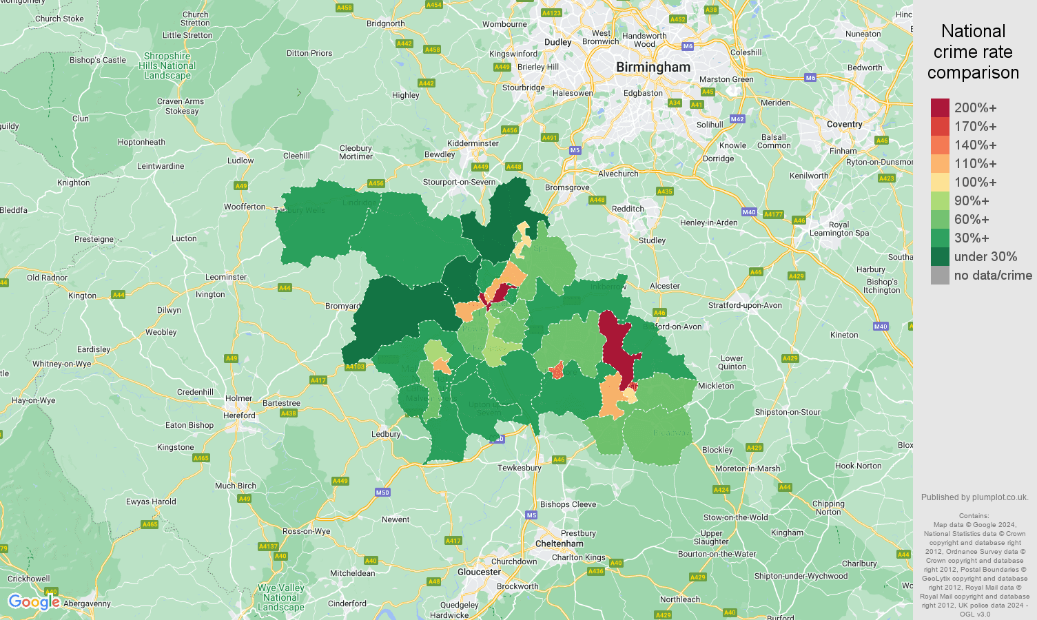 Worcester antisocial behaviour crime rate comparison map