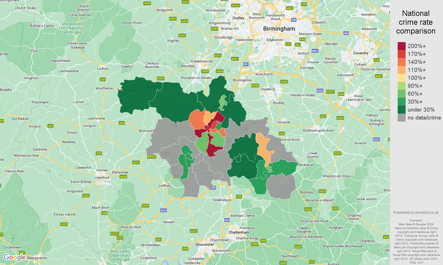 Worcester bicycle theft crime rate comparison map