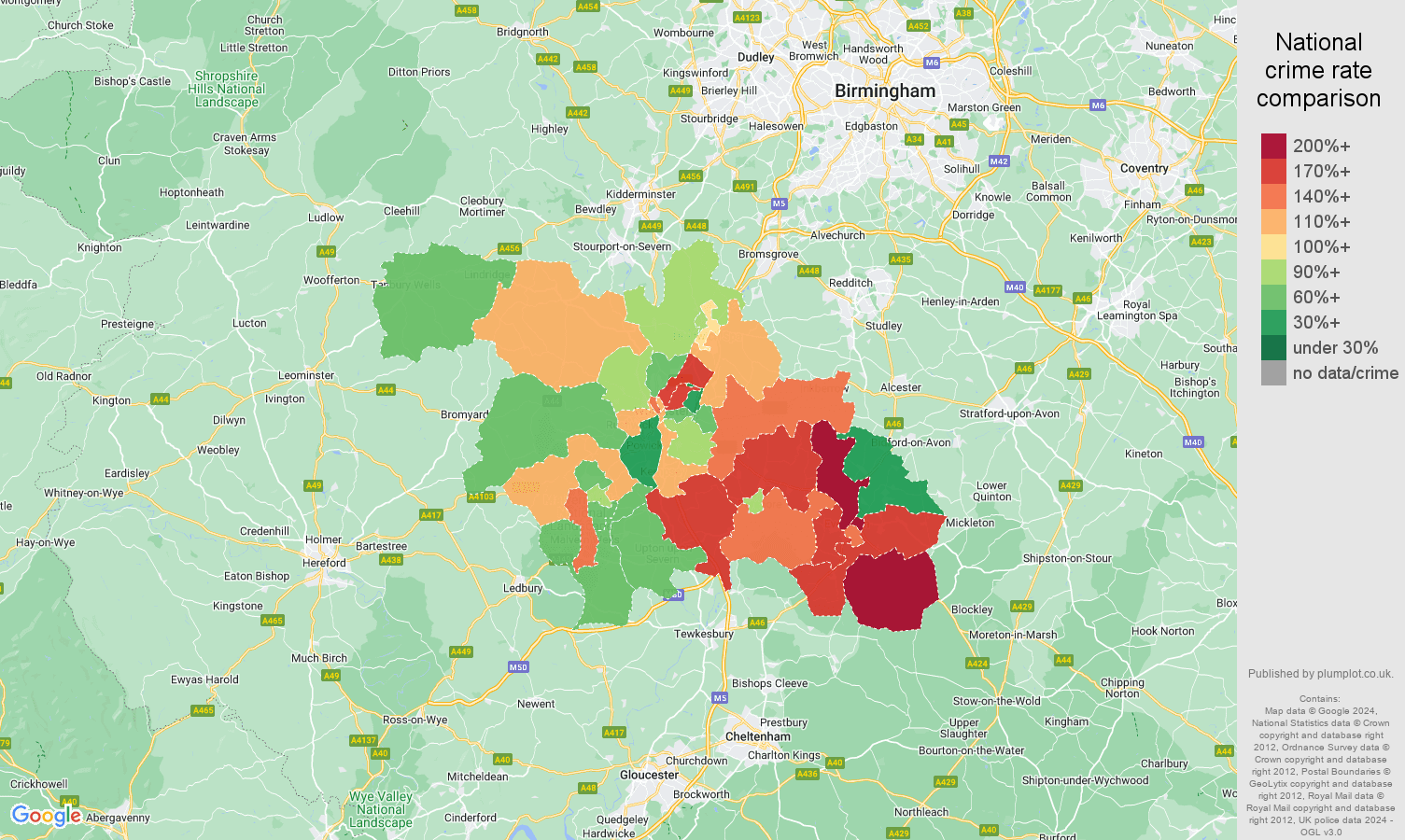 Worcester burglary crime rate comparison map