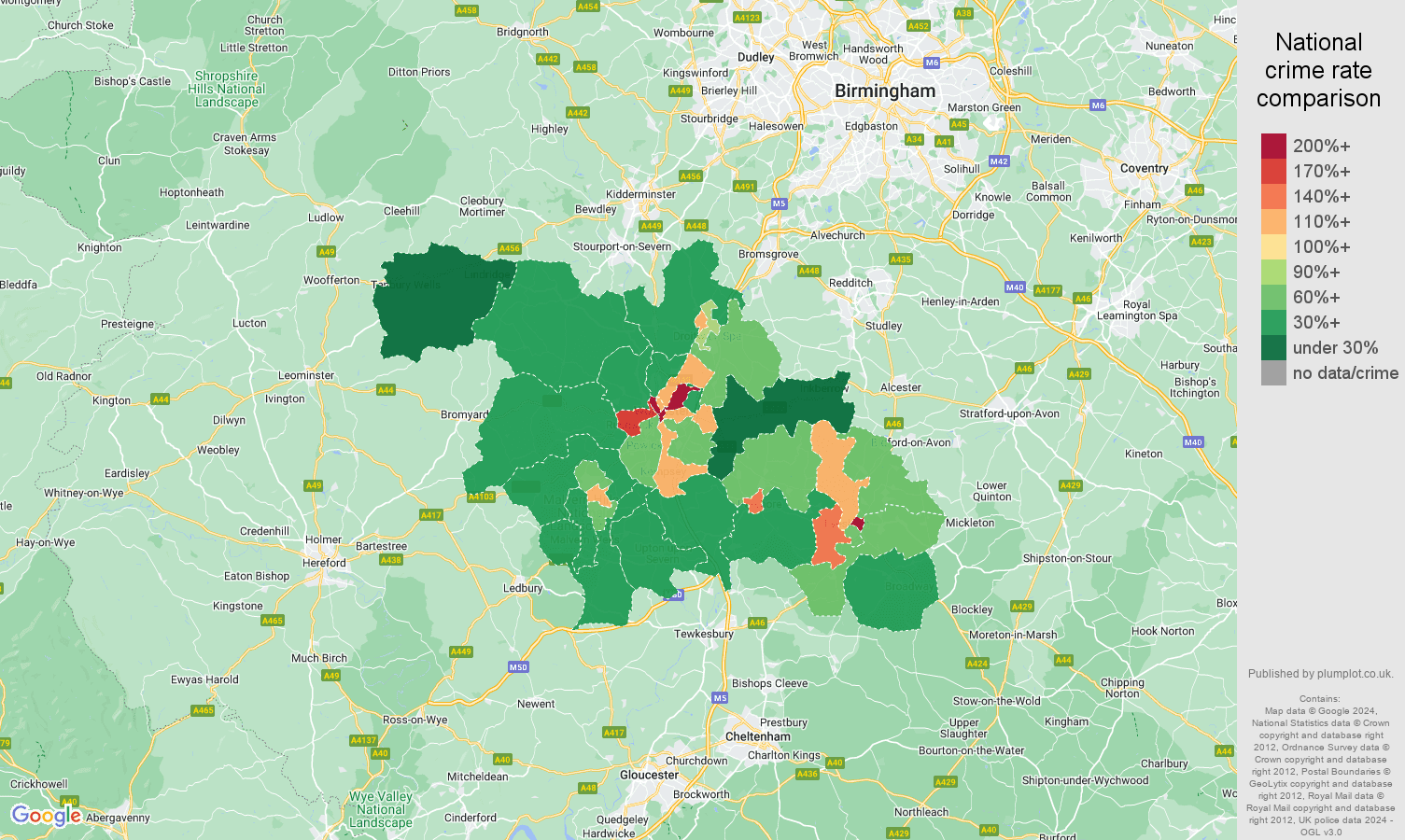Worcester criminal damage and arson crime rate comparison map